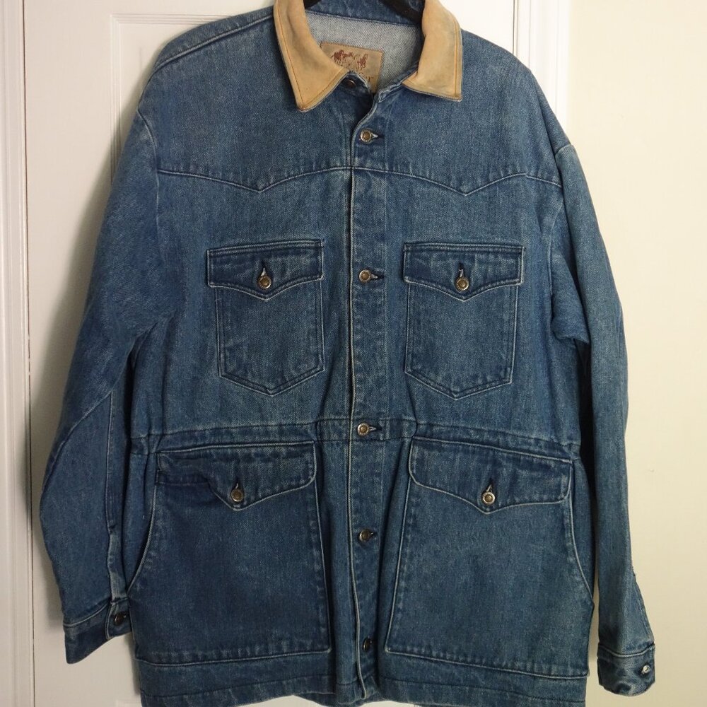 Vtg SCHAEFER OUTFITTER Heavyweight Denim Jacket w/ Leather trim Mens Large ssfis